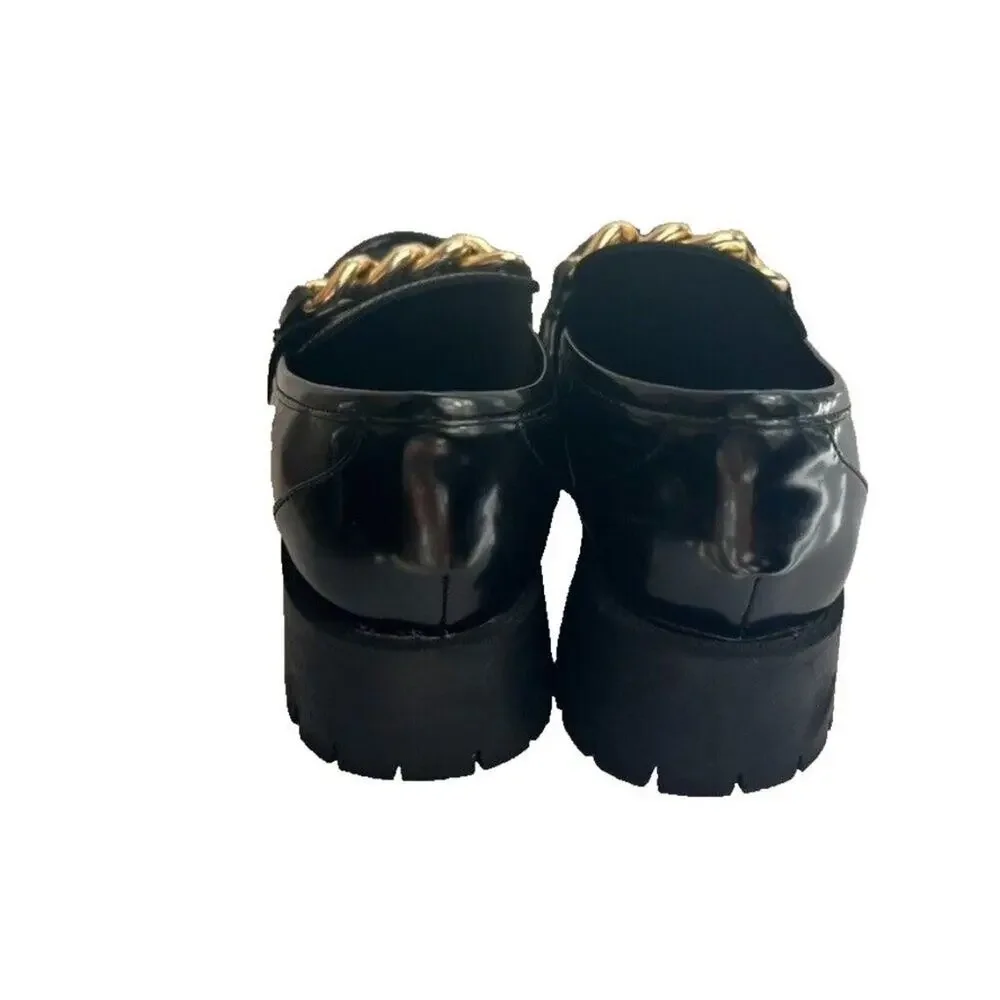 Guess Shoes Loafers Womens 8M Black Gold Tone Chain Lug Sole Chunky Platform
